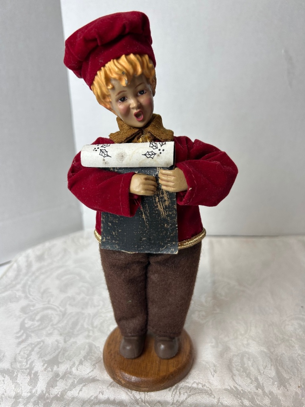Christmas Caroler Choir Boy Doll Figurine Carved Wood Base Decor Whimsy Folk